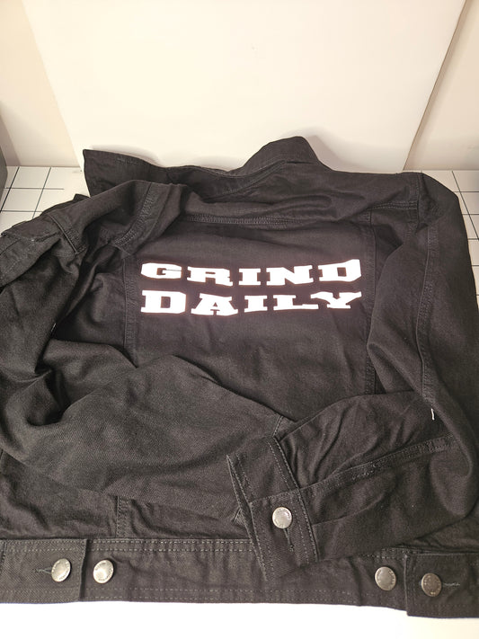 Men's Black Denim Jacket W/ Grind Daily Writing in Reflective